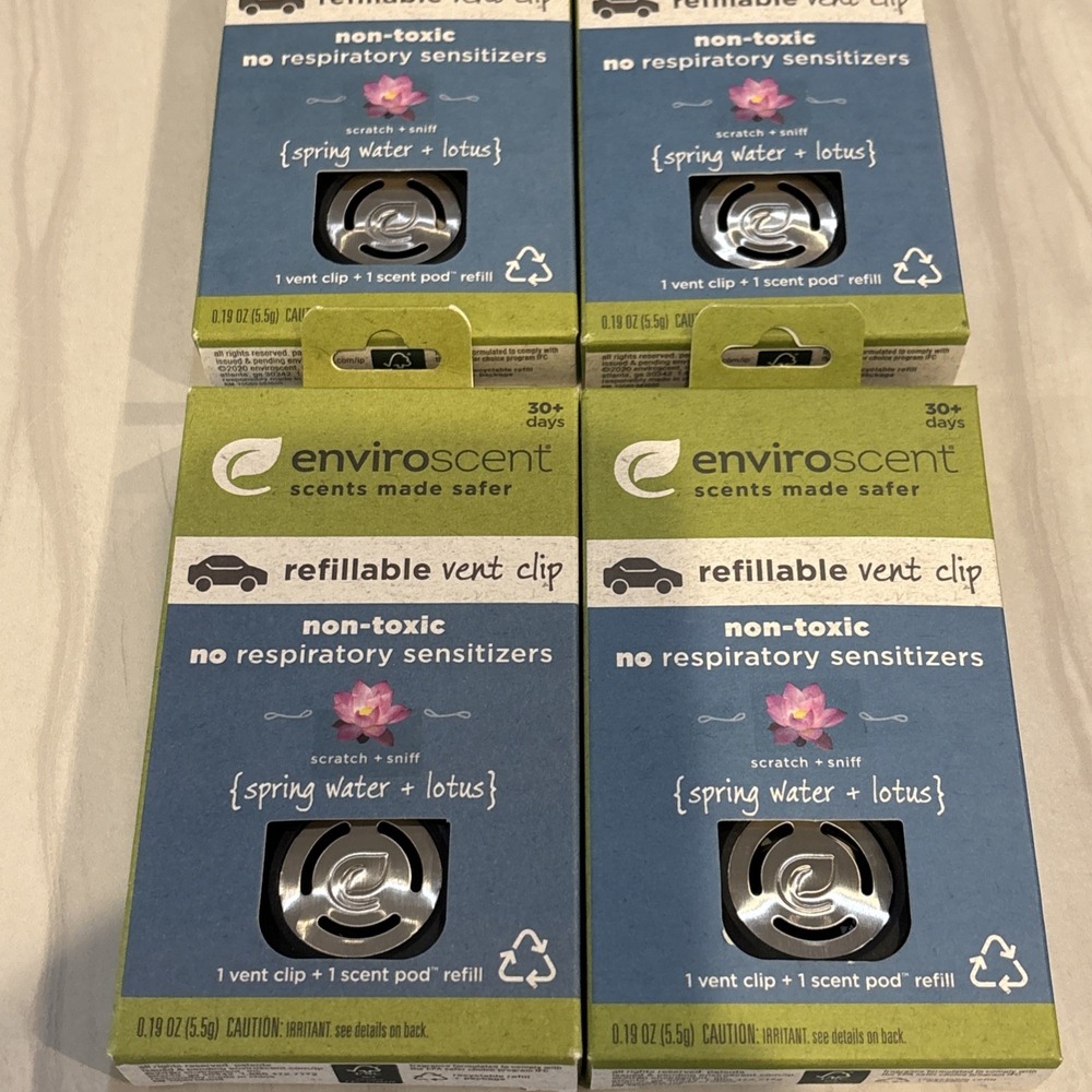 4 Enviroscent Car Freshner Refillable Vent Clip Starter Kit Spring Water & Lotus